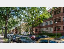 Straßenszene in einer Wohngegend mit mehrstöckigen, roten Backstein- und Putzgebäuden, vor denen zahlreiche parkende Autos stehen. Große Bäume säumen den Gehweg und spenden Schatten, während Blumen auf einigen Balkonen zu sehen sind.