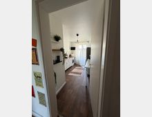 Blick durch eine Tür in eine schmale, helle Küche mit weißen Schränken, offenen Wandregalen, dunklem Holzfußboden und einem Teppichläufer. Am Ende des Raums befindet sich ein Fenster mit transparenten Vorhängen, darüber eine hängende Deckenleuchte.