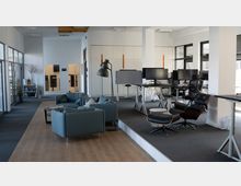 Offener Arbeits- und Aufenthaltsbereich in einem modernen Büro mit einer Kombination aus Teppich- und Holzböden. Der Raum enthält Sitzgelegenheiten wie Sofas, einen Design-Sessel, höhenverstellbare Schreibtische mit Bildschirmen, große Fenster, und Regale im Hintergrund.