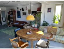 Cozy open-plan living and dining room with a round wooden table under a large yellow pendant lamp, surrounded by mismatched chairs. The space includes sofas, a rug and coffee table, a tall bookcase, framed wall art, and several potted plants by a sunlit window.