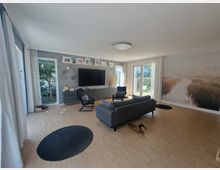 Helles Wohnzimmer mit grauer Couch, einem Flachbildfernseher an der Wand und einer Kommode darunter. Auf der rechten Seite befindet sich eine große Fototapete mit Landschaftsmotiv, links und rechts sind bodentiefe Fenster und Türen, die zu einem Garten führen. Ein kleiner Hund liegt auf dem Holzboden.