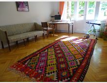 Wohnzimmer mit einem hellen Holzboden, einem bunten, gemusterten Teppich in der Raummitte, einem klassischen Sofa an der Wand und einem Schreibtisch mit Computer vor einer Fensterfront mit weißen Doppeltüren. Im Raum stehen auch ein Globus und ein Teleskop.