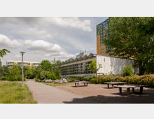 Eine Parklandschaft mit betonierten Wegen, Bänken und umliegenden Bäumen. Im Hintergrund steht ein flaches Gebäude mit wellenförmigem Dach und großen Fensterflächen sowie ein hoher Wohnblock.