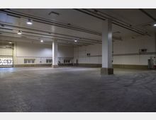 Leere Lagerhalle mit Betonboden, mehreren weißen Säulen und hohen, weißen Wänden. Deckenleuchten beleuchten den Raum, und an den Wänden befinden sich kleine Fenster und technische Installationen.