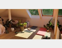 Dachgeschossraum mit großen Dachfenstern, durch die Tageslicht einfällt, eingerichtet als Yoga- oder Fitnessbereich mit Yogamatten, Blöcken und Grünpflanzen. Im Hintergrund befindet sich ein Sofa mit Beistelltisch.