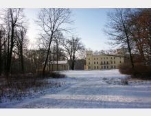 Winterliche Ansicht eines hellgelben Schlosses mit turmartigen Elementen, umgeben von einem verschneiten Park und kahlen Bäumen. Der Himmel ist klar, und der Schnee bedeckt den Boden sowie die umliegende Landschaft.