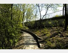 Schmaler, gepflasterter Weg, der durch eine bewaldete Fläche mit dünnem Unterholz verläuft, rechts begrenzt durch eine Betonmauer mit einem metallenen Geländer oben. Die Umgebung ist von jungen, spärlich belaubten Bäumen und Sträuchern geprägt.