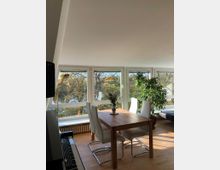 Wohnzimmer mit großen, bodentiefen Fenstern, die auf eine Baumlandschaft blicken. Im Vordergrund ein Esstisch aus Holz mit vier weißen Stühlen, daneben eine Zimmerpflanze sowie ein Klavier links im Bild.