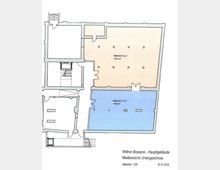 Grundriss des Untergeschosses des Hauptgebäudes der Willner-Brauerei, bestehend aus zwei farblich markierten Mietbereichen: Mietbereich H.U.L.1 (241,4 m²) in Beige und Mietbereich H.U.L.2 (149,4 m²) in Blau. Dargestellt sind Wände, Türen, Treppen, und die Raumaufteilung im Maßstab 1:200, mit Beschriftung und Datum.