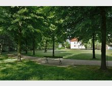 Ein parkähnliches Gelände mit einer Kiesweg-Kurve, gesäumt von hohen Bäumen, die viel Schatten spenden. Im Hintergrund ist eine weiße, zweigeschossige Villa mit roten Ziegeldach zu sehen, umgeben von einer Rasenfläche.