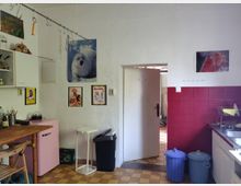 Alt-Text: Eine einfache Küche mit weiß gestrichenen Wänden, einer offenen Tür in der Mitte und roten Wandfliesen auf der rechten Seite. Es gibt eine Arbeitsplatte mit Spüle, einen rosa Kühlschrank, mehrere Wandposter und Dekorationen sowie zwei blaue Mülleimer auf dem Boden. Der Boden ist mit gelb-braunen Fliesen ausgelegt.