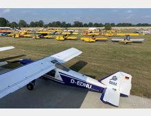 Ein Flugplatz mit mehreren geparkten Oldtimer-Flugzeugen auf einer Wiese; im Vordergrund ein blau-weißes Flugzeug mit der Kennung „D-EDNU“ und dem Schriftzug „Quax“ auf dem Leitwerk. Im Hintergrund sind zahlreiche gelbe und bunte Flugzeuge sowie eine Baumreihe sichtbar.