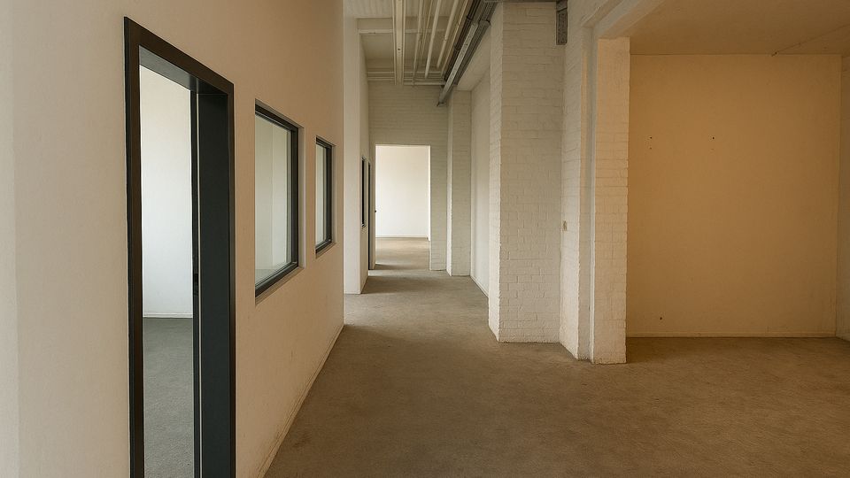 Langer, leerer Flur in einem umgebauten Industrie- oder Bürogebäude mit Betonboden, weißen Backsteinwänden und sichtbaren Deckenleitungen. Links befinden sich schwarze Tür- und Fensterrahmen zu angrenzenden Räumen, rechts öffnet sich ein breiter Durchgang in einen weiteren Raum.