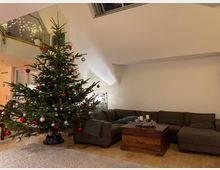 Ein Wohnzimmer mit einem großen, geschmückten Weihnachtsbaum, dekoriert mit roten und silbernen Kugeln. Im Raum befinden sich eine L-förmige braune Couch, ein Holztisch mit Kerzenarrangement und Teppichboden, beleuchtet durch warmes, indirektes Licht.
