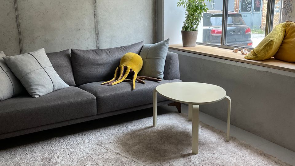 Wohnzimmer mit grauem Sofa, kleinen Dekokissen und einem gelben Stofftier. Vor dem Sofa steht ein runder, weißer Beistelltisch auf einem großen, hellen Teppich; daneben ein Fenster mit Blick auf ein Backsteingebäude und parkende Autos.
