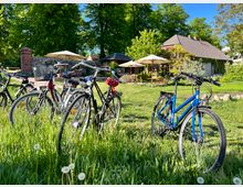Eine grüne Wiese mit mehreren geparkten Fahrrädern im Vordergrund, umgeben von hoher Vegetation und Löwenzahn. Im Hintergrund stehen ein Haus mit Dachziegeln, Sonnenschirme, Tische und Stühle, eingerahmt von Bäumen und einer alten gemauerten Steinmauer.
