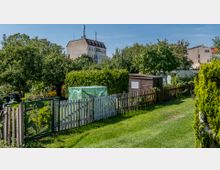 Kleingartenanlage mit grünem Rasen, Holzzäunen, Bäumen und einer kleinen Holzhütte; im Hintergrund sind mehrstöckige Wohngebäude sichtbar.