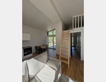 Heller Wohnraum in einem modernen Holzhaus mit hoher Decke, Sofa, kleinem Essbereich und Küchenzeile. Eine Holzleiter führt zu einer offenen Schlaf- oder Galerieebene, daneben große Glas-Schiebetüren mit Blick ins Grüne.