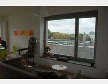 Wohnzimmer mit großen Fenstern, die einen Blick auf eine städtische Dachlandschaft und Bäume bieten. Im Raum befinden sich ein graues Sofa, ein Holztisch, ein antiker Stuhl, Zimmerpflanzen und farbige Wandbilder, die für eine wohnliche Atmosphäre sorgen.