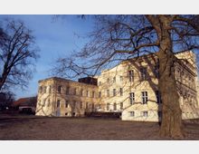 Gelb gestrichenes, historisches Schlossgebäude mit mehrfach unterteilten Fenstern und Dreiecksgiebel, umgeben von kahlen, großen Bäumen auf einem offenen, unbewachsenen Gelände. Im Hintergrund sind Nebengebäude und ein klarer blauer Himmel sichtbar.