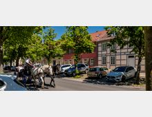 Von Bäumen gesäumte Kopfsteinpflasterstraße mit parkenden Autos vor farbigen Altstadthäusern, darunter ein Fachwerkhaus mit roten Ziegeldächern. Im Vordergrund fährt eine Pferdekutsche auf der Straße entlang.