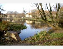 Parklandschaft mit einem ruhigen Fluss, umgeben von Grasflächen, kahlen Bäumen und einem bewachsenen Uferbereich; im Hintergrund sind Wohnhäuser mit roten Dächern erkennbar. Im Vordergrund befindet sich ein steinernes Bauwerk am Wasser.