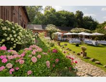 Ein Garten mit blühenden Hortensien und Kopfsteinpflasterweg, der zu einer Wiese mit gedeckten Tischen unter weißen Sonnenschirmen führt. Im Hintergrund befinden sich rote Ziegel- und verputzte Gebäude, umgeben von Bäumen.