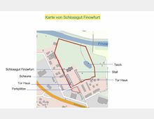 Karte des Schlossguts Finowfurt mit Gebäudebezeichnungen (Scheune, Stall, Torhaus) und markierten Bereichen, darunter ein umzäuntes Gelände, ein Teich, Parkplätze und umliegende Straßen (Schlossgutsiedlung und Marienwerder).