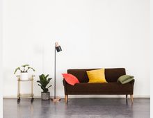 Brauner Zweisitzer-Sofa vor einer weißen Wand, dekoriert mit Kissen in Gelb, Rot und Grün. Daneben stehen eine Stehlampe, ein goldener Servierwagen mit Topfpflanze und ein weiterer Pflanztopf auf dem Boden.