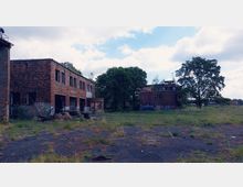 Verlassene Industriegebäude aus rotem Backstein in einer verwilderten Umgebung mit überwuchertem Asphalt und Bäumen im Hintergrund; einige Wände sind mit Graffiti verziert.