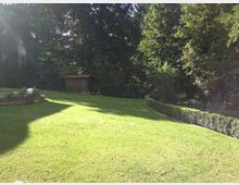 Rasenfläche mit niedrig geschnittener Hecke und angrenzendem Wald im Hintergrund. Links ein kleines Holz-Gartenhaus und ein rundes Blumenbeet mit einer dekorativen weißen Kugel.