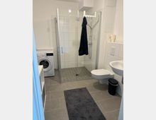 Modernes Badezimmer mit einer ebenerdigen Dusche mit Glaswänden, einem weißen Waschbecken, einer Wandtoilette und einer Waschmaschine. Der Boden ist gefliest, und ein dunkelgrauer Teppich liegt vor der Dusche.