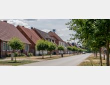 Ruhige Wohnstraße in einer Kleinstadt mit Reihen von Ziegelhäusern und roten Dächern, gesäumt von jungen Bäumen. Im Hintergrund ragt ein blaues Schild mit dem Buchstaben "H" über die Gebäude.