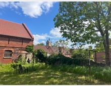 Ein grasbewachsener Garten mit einem Baum im Vordergrund, zwei schwarzen Stühlen und einer Wäscheleine. Im Hintergrund sind ein rotes Backsteingebäude, bewachsene Mauern und die Spitze eines Kirchturms sichtbar, umgeben von weiteren Dächern und blauem Himmel mit wenigen Wolken.