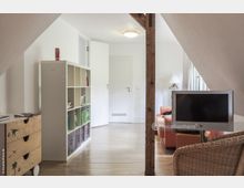 Heller Wohnraum im Dachgeschoss mit Holzfußboden, einer weißen Regalwand mit Fächern, einer Kommode mit Dino-Dekor und einem Fernseher. Im Hintergrund sind eine Tür, ein Holzträger und eine Sitzgruppe mit orangefarbenem Sofa und Stehlampe erkennbar.