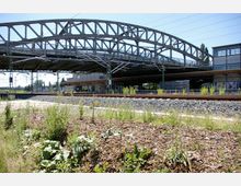 Bahnhof mit Gleisanlagen und Überdachung aus Stahlträgern, im Hintergrund eine große, bogenförmige Brücke. Im Vordergrund sind Kiesflächen und niedrig wachsende Pflanzen sichtbar.