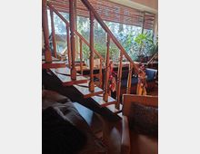 Holztreppe mit gedrechseltem Geländer in einem Innenraum, umgeben von Pflanzen, Bücherstapeln und großen Fenstern mit Lamellenjalousien, die auf einen schneebedeckten Außenbereich blicken. Im Vordergrund sind Sofas und Kissen zu sehen.