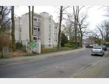 Wohnstraße mit einem mehrstöckigen, hell verputzten Wohngebäude im Hintergrund, umgeben von Bäumen und einer Grünfläche. Am Straßenrand sind parkende Autos zu sehen, und ein beschädigter Zaun mit Graffiti liegt am Eingang zur Grünfläche.