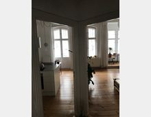 Eine helle Wohnung mit Holzdielenboden und hohen Fenstern mit weißen Rahmen. Die Aufnahme zeigt eine offene Aufteilung mit einer Küchenzeile links, einer Zimmerpflanze in der Mitte und einem Wohnbereich rechts.