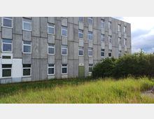 Ein mehrstöckiges Gebäude mit einer grauen Betonfassade und mehreren rechteckigen Fenstern, umgeben von hohem Gras und Sträuchern. Der Himmel im Hintergrund ist teilweise bewölkt.