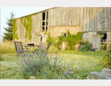 Ein rustikaler Hof mit einer verwitterten, teils mit Efeu bewachsenen Scheune im Hintergrund. Im Vordergrund steht eine Gartensitzgruppe aus Holz vor blühenden Wildblumen auf einer Wiese.