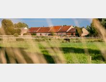 Ländlicher Bauernhofkomplex aus Backstein mit langen Gebäuden und roten Ziegeldächern, dahinter von Bäumen umgeben. Davor liegt eine eingezäunte, grüne Weidefläche mit hohem Gras.
