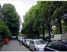 Straßenansicht mit geparkten Autos auf der rechten Seite und einem Gehweg links, gesäumt von hohen, dicht belaubten Bäumen; im Hintergrund ist eine Fußgängerbrücke und weitere Vegetation zu sehen.