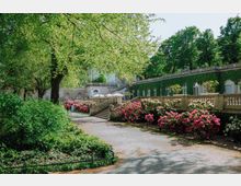 Gartenansicht mit breitem Weg, umgeben von blühenden Rhododendronbüschen und großen Bäumen. Im Hintergrund eine mit Efeu bewachsene Gebäudefassade mit bogenförmigen Fenstern und eine Treppe, die zu einer Terrasse mit Sonnenschirmen führt.