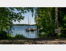 Blick auf einen See mit mehreren Segel- und Motorbooten, die an einem kleinen Steg festgemacht sind. Der Uferbereich ist von dichten, grünen Bäumen gesäumt, und ein Schild ist rechts am Baum befestigt.