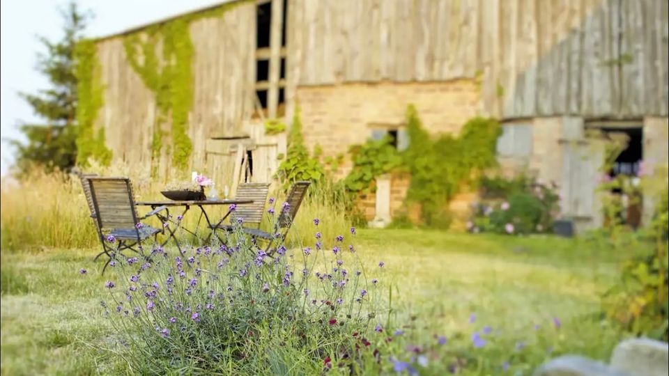 Ein rustikaler Hof mit einer verwitterten, teils mit Efeu bewachsenen Scheune im Hintergrund. Im Vordergrund steht eine Gartensitzgruppe aus Holz vor blühenden Wildblumen auf einer Wiese.