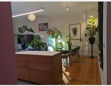 Wohnraum mit Holzboden, der als Ess- und Aufenthaltsbereich genutzt wird. Der Raum ist mit zahlreichen Zimmerpflanzen, einer rechteckigen Esstischgruppe und Wanddekorationen ausgestattet, darunter Kunstwerke und Fotografien.