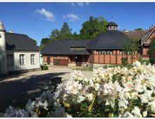 Zwei historische Gebäude mit dunklen Schieferdächern; rechts ein rotes Fachwerkgebäude mit Kuppel und links ein weißes Gebäude mit großen Fenstern. Im Vordergrund blühende weiße Blumen, dahinter ein Hof mit Kiesweg und Bäumen im Hintergrund.