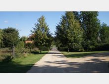 Ein gerader, sandiger Weg führt durch einen Park mit gepflegtem Rasen, Bäumen und Sträuchern auf beiden Seiten. Im Hintergrund ist ein Haus mit orangefarbenem Dach sichtbar, umgeben von dichter Vegetation.