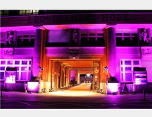 Außenansicht eines historischen Gebäudes mit einem offenen Torbogen, farbig beleuchtet in Pink- und Lila-Tönen. Der Eingang ist mit einem roten Teppich ausgelegt und von künstlichen Lichtern und Säulen flankiert; darüber die Schrift "LUDWIG LOEWE-HÖFE".